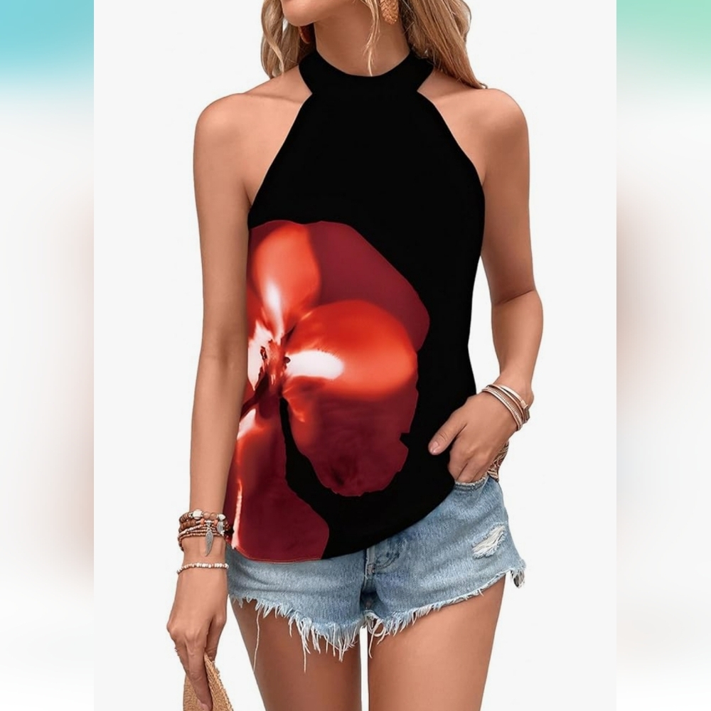Floral Black and Red Women's Halter Top